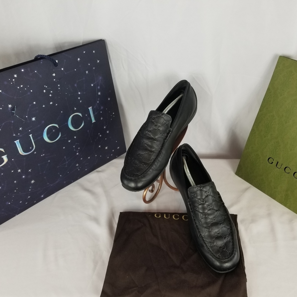 Gucci Loafers Embossed GG Logo Black Leather 11 M